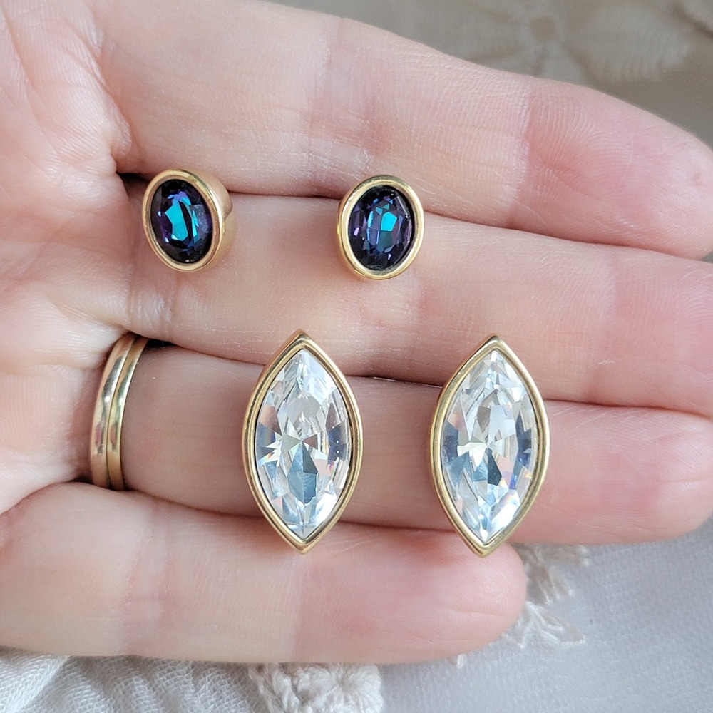 Vintage 1980s Swarovski Stud Pierced Earrings 2 Pairs Clear Marquis Teal Oval - Picture 2 of 7